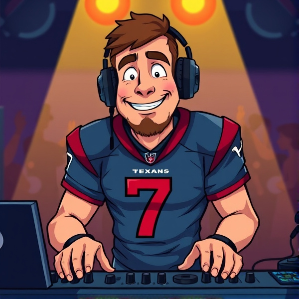 Cartoon cj stroud wearing number 7 jersey for Houston texans as a dj. Football theme