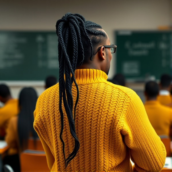 Une institutrice noire âgée de quarante ans vêtue d'un pull jaune avec des tresses africaines le dos tourné écrit au tableau dans une salle de classe avec des élèves noires