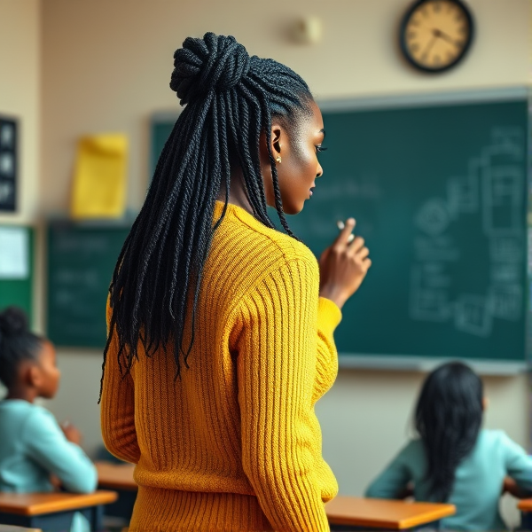 Une enseignante noire âgée de quarante ans coiffée de tresses africaines traditionnelles, portant un pull jaune  se tient le dos tourné en train d'y écrire à la craie blanche au tableau dans une salle de classe avec des élèves noires agés de huit ans.