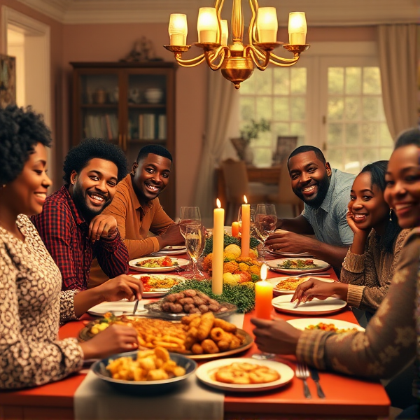 repas chaleureux d'une grande famille afro-américaine réunie autour d'une table festive, sourires et complicité, cuisine traditionnelle, intérieur accueillant