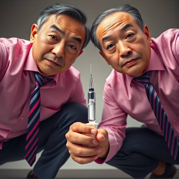 Deux hommes d'affaires japonais senior , vêtus de chemises roses, sont accroupis. Ils arborent des cravates longues et soyeuses avec des rayures bleues et rouges. Leurs regards sont fixes, pénétrants et pleins d'assurance vers l'objectif de la caméra. Les hommes tiennent une seringue qu ils plantent profondément dans le cerveau de l'observateur comme s'ils allaient injecter quelque chose dans le cerveau. La prise de vue est en contre-plongée pour accentuer leur présence imposante