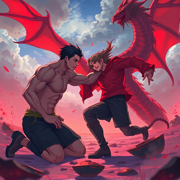 One jacked man on his knees about to die with the other jacked man about to kill him with a red dragon in the distance