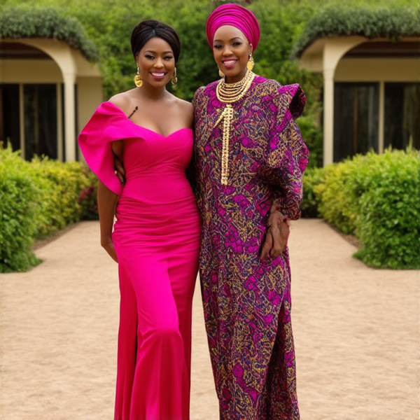 Famille africaine nombreuse et joyeuse, tous en tenues traditionnelles colorées, posant ensemble à l'extérieur. Ils sourient largement devant leur maison spacieuse qui allie élégance et design moderne avec des éléments architecturaux contemporains tels que de grandes baies vitrées et une terrasse épurée. Le cadre est verdoyant avec un jardin soigné autour de la propriété.