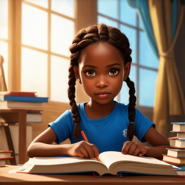 A young 8-year-old African girl with intricately braided hair deeply engrossed in her studies, surrounded by books and educational materials, her expression showing concentration and determination
