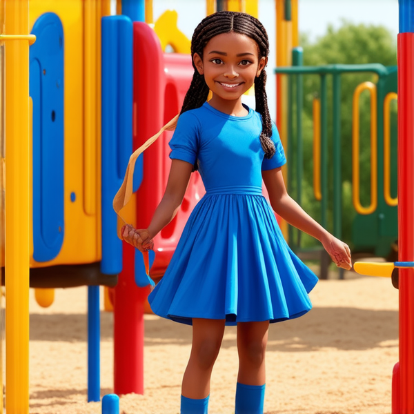 ecoliere africaine de 8 ans, portant des tresses africaines serrées et élaborées, vêtue d'une longue robe bleue, souriante et rayonnante de joie, debout au centre d'une cour de récréation avec des eleves