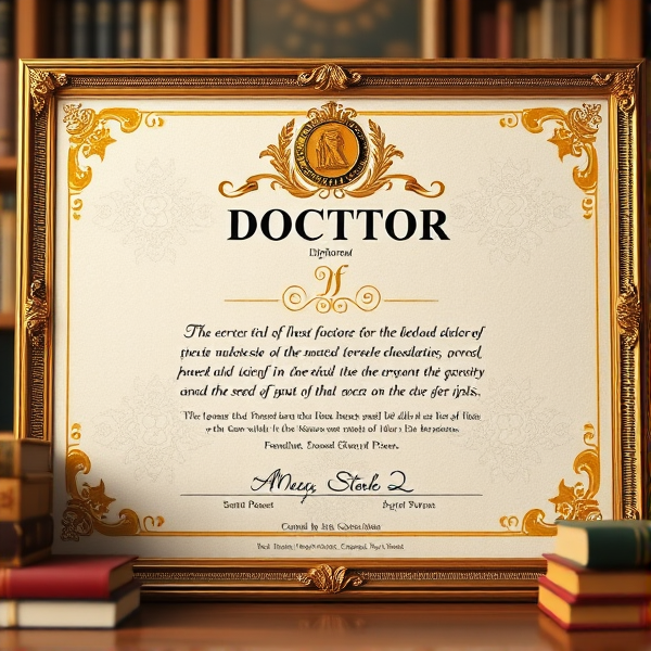 Prompt: Diplôme de docteur élégant avec des bordures dorées sophistiquées, un sceau officiel en relief, une typographie classique et claire sur un fond en parchemin texturé, le tout présenté dans un cadre académique avec des livres et des symboles éducatifs