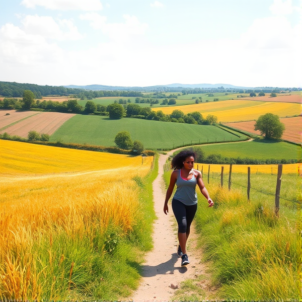 Dessin numérique d'un paysage de campagne en plein jour. Un petit chemin au milieu et une femme noire en tenue de sport et baskets qui fait de la marche à pied