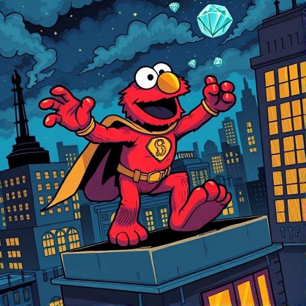 Super Elmo beating up criminals for stealing diamonds at night on top of a building