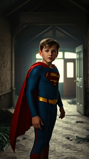 1990's Movie Scene: Jon Kent, AKA Superboy, the young little 12-year old super son of Superman, and the first kid to be born as the world's first Half-Kryptonian child, with an extremely muscular body, the iconic costume, the singular curled bang sticking out at the front of his flat and smooth hair, and a long cape, standing in an abandoned house at night, looking for clues to the mystery he is trying to solve.