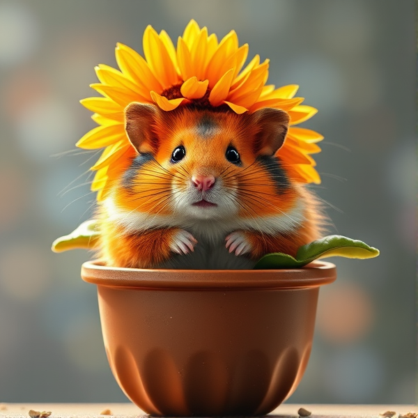 Hamster in a flower pot as a plant bulb with sunlight and orange blue galaxy fur with a sunflower plant hat in space in realism
