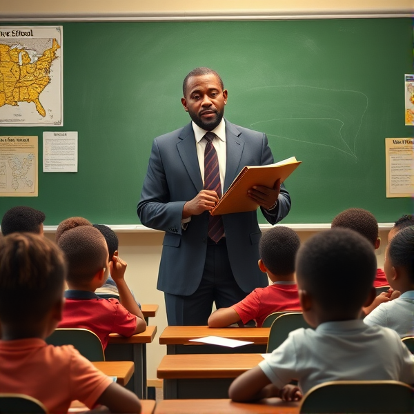Directeur d'école afro-américain debout tenant un classeur dans ses mains portant un costume formel, dans une salle de classe avec un tableau vert, s'adressant avec bienveillance à un groupe d'élèves afro-américaines attentives de huit ans assises à leurs pupitres. Ils sont entourés de matériel pédagogique adapté à leur âge, comme des cartes géographiques, des affiches éducatives et des dessins d'enfants accrochés aux murs. La scène dégage une atmosphère chaleureuse et encourageante.
