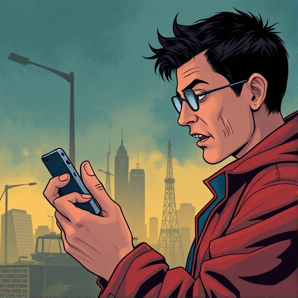 Create a detailed illustration that showcases the risks associated with the illegal importation of substandard mobile phones which are incompatible with 3G networks, highlighting their inability to connect to emergency services during critical times. The image should show  the potential danger by featuring



 trying to make an emergency call but is being hindered by the malfunctioning device.