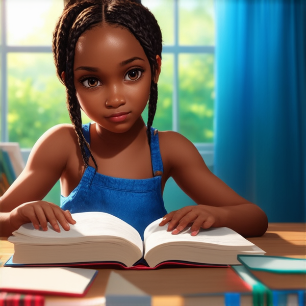 A young 8-year-old African girl with intricately braided hair deeply engrossed in her studies, surrounded by books and educational materials, her expression showing concentration and determination