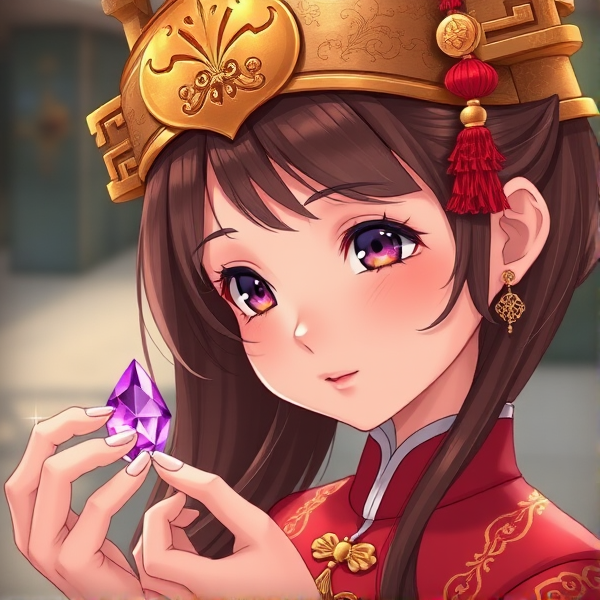 Girl with brown hair and a golden Chinese head piece with a red tassel in Chinese clothing, looking at a small purple crystal