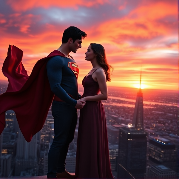 Clark Kent en Superman, vêtu de son emblématique costume bleu et rouge avec la cape flottant au vent, tenant délicatement la main de Lois Lane qui arbore une élégante robe de soirée. Ils se tiennent sur le toit d'un gratte-ciel imposant, entourés par les lumières scintillantes de la ville. Le ciel est teinté d'oranges et de roses vibrants alors que le soleil se couche majestueusement à l'horizon. Leurs visages sont proches, reflétant un amour profond et une tendresse incommensurable dans leurs yeux, capturant un moment parfait d'intimité romantique et de connexion émotionnelle dans cet instant suspendu au-dessus du monde