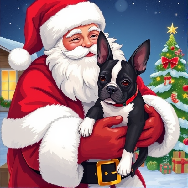 Illustration Santa holding a Boston terrier puppy with a Christmas background scene