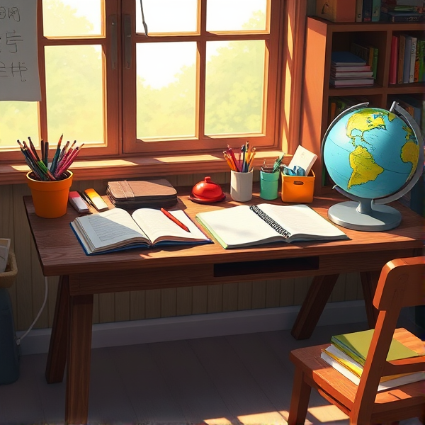 table en bois éclairée par la lumière naturelle de la fenêtre, couverte de fournitures scolaires comme des cahiers ouverts, des stylos, des crayons, une trousse et un globe terrestre  .
