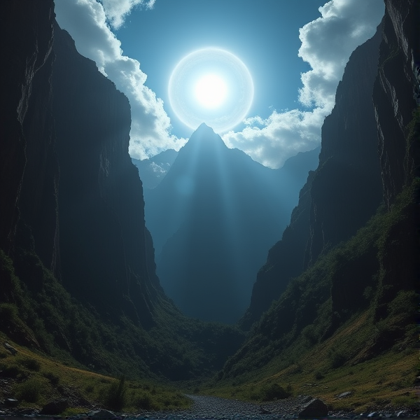 Lost land opening in between two mountains with a halo light feature