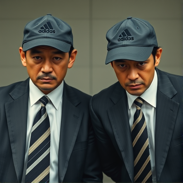 2 businessman japonais avec casquette adidas et longue cravates rayées jusqu’au sol , regard faché, complice