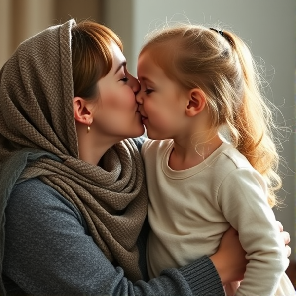Mother kissing daughter