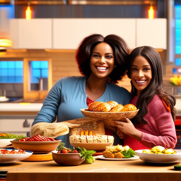 famille afro-américaine rayonnante de joie, posant pour un portrait avec de grands sourires, réunie autour d'une table de salle à manger impeccablement dressée avec divers plats savoureux et colorés, dans une cuisine spacieuse aux touches contemporaines et éclairage chaleureux