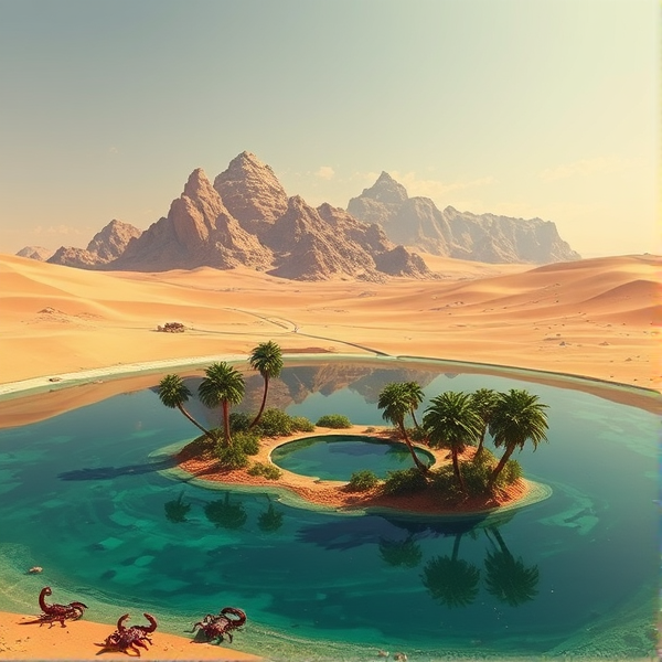 4 mountains in the middle of the sahara desert and a lush lake with 2 palm trees surounding it and 5 scorpions and 7 turantulas