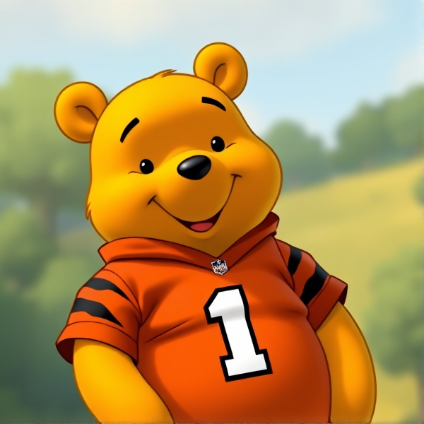 Pooh bear wearing a bengals jersey with the number 1 on the chest