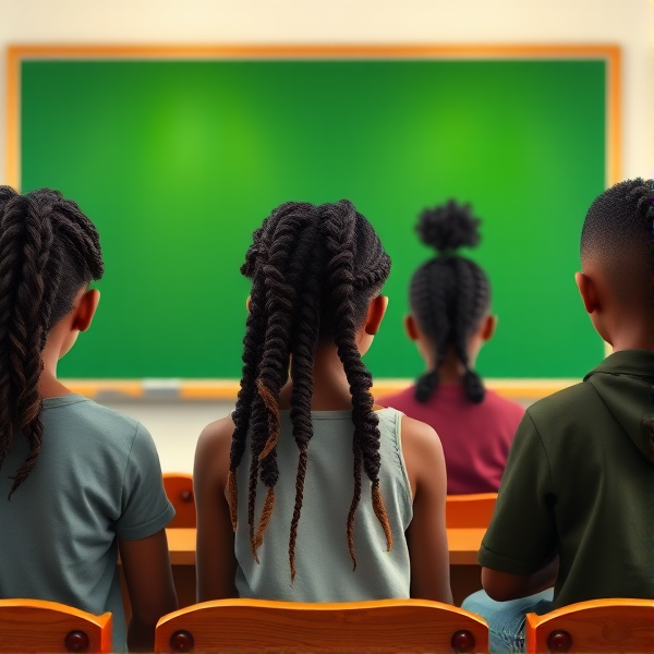 des filles noires de huit ans avec des tresses africaine et des garçons assis dans une classe face au tableau vert