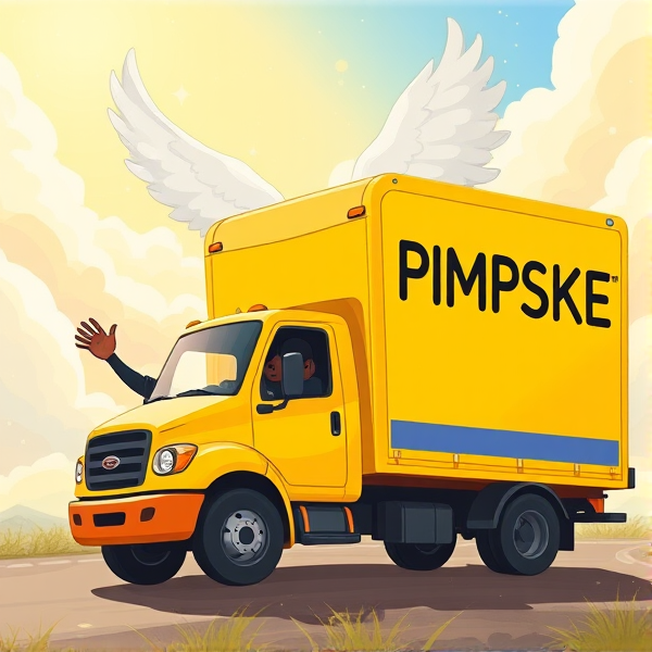 In heaven, all yellow moving truck that says the word "PIMPSKE" ON THE SIDE of trailer, black driver waving out window, truck is driving into heaven
