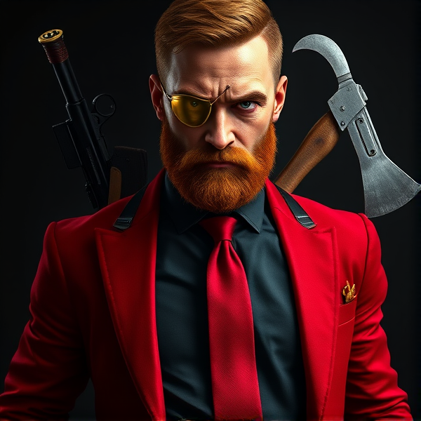 A highly detailed, full-body portrait of John Abraham Marston, an embodiment of the quintessential rugged male operative. reddish-grey skin, He sports short, blood red hair and a meticulously groomed beard that contours his jawline and highlights his resilience. His left eye is obscured by a gold tactical eyepatch, beneath which runs a pronounced scar—a silent chronicle of his combat experiences and the resultant loss of vision. Poised with an air of cultivated authority, he is dressed in a crisp black button-down shirt neatly tucked into expertly fitted black trousers, held up by shining leather suspenders. A vivid red tie adds a pop of color to his ensemble. His look is completed by a bespoke red blazer with discreet Kevlar reinforcement for discreet protection, hinting at the dangers inherent in his line of work. Shiny dress shoes anchor his feet, reflecting the seriousness with which he approaches his duties. Equipped for engagement, John carries Desert Eagles with matte gold finishes and custom green laser sights for supreme accuracy. Overlapping behind him in an X configuration are his signature melee implements: a razor-edged katana and a robust fireman's axe—silent affirmations of readiness for hand-to-hand conflict. These elements underscore his allegiance to "the agency," where he navigates the shadowy corners of society while silently battling alcoholism as a means to manage post-traumatic stress disorder symptoms. His left arm reveals cybernetic enhancements acquired from past experimentation