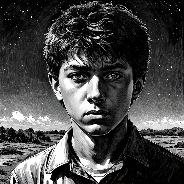 score_9, score_8_up, score_7_up, A highly detailed illustration of a young boy who has lost his parents. He has a fierce and determined expression, with a sense of defiance in his eyes. The atmosphere around him is dark and somber, reflecting his inner turmoil and resilience. The background is a desolate, barren landscape, emphasizing his loneliness and struggle.