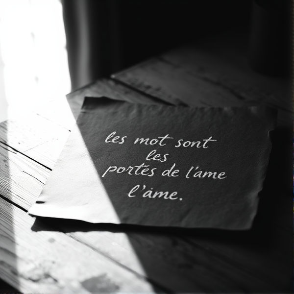 Une feuille épaisse et texturée de couleur sombre repose sur une table en bois ancienne, mise en valeur par un éclairage dramatique d'une lumière blanche provenant du côté, créant un jeu d'ombre et de lumière contrasté. Les mots délicatement inscrits sur la feuille avec une écriture cursive élégante et fine sont illuminés par cette lumière, ressortant clairement contre l'obscurité ambiante. L'ambiance générale de l'image est intime et chaleureuse, malgré le choix du noir et blanc qui renforce l'esthétique vintage et le sentiment de nostalgie. La phrase est " LES MOTS SONT LES PORTES DE L'AME"