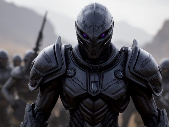 Sangheili. 8ft 2inches tall. purple eyes. wearing black and purple armor. in the battlefield