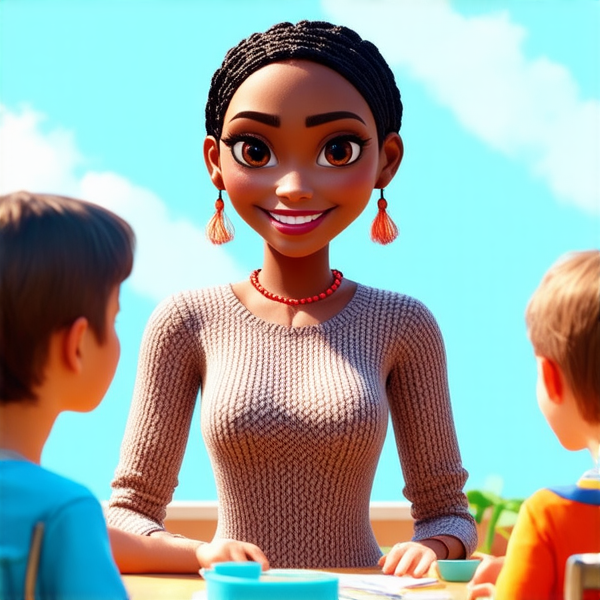 African female teacher with intricate braided hair, smiling as she stands in a vibrant classroom surrounded by diverse, attentive children sitting at their desks with educational posters on the walls and sunlight streaming through the windows