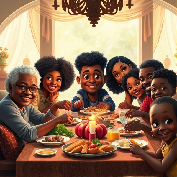 repas chaleureux d'une grande famille afro-américaine réunie autour d'une table festive, sourires et complicité, cuisine traditionnelle, intérieur accueillant