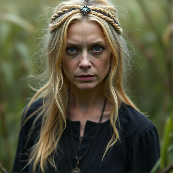 Blonde haired skinny middle aged woman with sunken eyes and sallow cheeks, wearing a black druid dress from Arthurian times