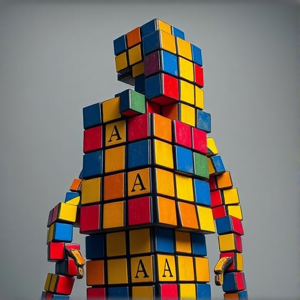 a man who is made out of rubix cube, all parts of his body is rubix cube