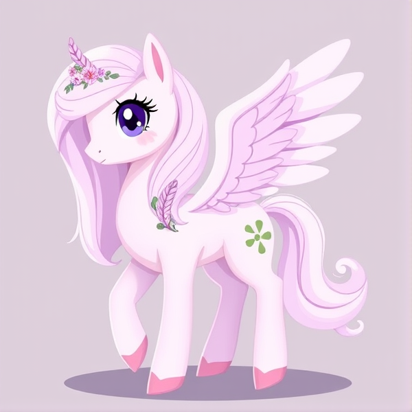 I would like an elegant, soft cartoon style generated OC of an mlp Pegasus with these features: 

Coat: fluffy and the color of soft lavender towards the top and a soft gradient darker lavender towards the bottom of her legs. 
Coat markings: blush tones and faint, elegant freckles dusting her cheeks and  faint outlines of stars on her body. Also a gentle white markings on her snout and ear tips. 
Mane and tail style: flowing with gentle curls. 
Main and tail color: pale rose with slightly darker highlights
Eye design: large, gently shaped eyes with long lashes
Eye color: deep violet
Expression: calm and thoughtful. It holds wisdom as a poet 
Wings: delicate feathers that give her an angelic present 
Posture: the wings should be gracefully held as she holds a poise demeanor. 
Accessories: a floral hairband tied into her mane, floral anklet
Cutie mark: an elegantly unfurled scroll with faint script visible and a feathered quill