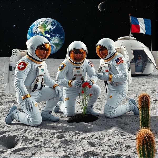 Trois astronautes, dont une extraterrestre aux longs cheveux flottant hors de son casque, portent des combinaisons spatiales blanches ornées d'or et de perles, avec des détails finement ciselés et des accents chromés éclatants. Ils arborent des écussons distinctifs sur leurs tenues et s'agenouillent sur le sol lunaire parsemé de poussière grisâtre. Des reflets miroitants émanent de la surface réfléchissante de leur équipement. À côté d'eux se tient un imposant extraterrestre bienveillant à la peau iridescente qui semble jouer avec les scintillements stellaires du cosmos. Un astronaute plante méticuleusement des graines de pavot dans le sol fertile d'un biodôme lunaire transparent équipé d'un système hydroponique avancé et d'un éclairage artificiel imitant le spectre solaire pour permettre la photosynthèse terrestre. Les visières des casques, volumineuses et réfléchissantes, reflètent fidèlement le paysage lunaire tandis que leurs gants tactiles manœuvrent habilement divers outils spécialisés. En arrière-plan se dresse un module lunaire stylisé affichant fièrement l'emblème du Québec, la Terre suspendue dans l'espace offre une vue magnifique avec ses couleurs naturelles en arrière-plan. Le site est parsemé d'instruments scientifiques très précis : capteurs environnementaux, moniteurs de croissance végétale dotés d'intelligence artificielle et panneaux solaires flexibles. Un fanion du Manchester City Football Club est positionné près du module habitable en symbole du lien entre sport et exploration spatiale. Le relief lunaire accidenté est marqué par des cratères nettement dessinés et des monticules lunaires offrant un contraste saisissant avec les structures humaines implantées sur ce territoire extraterrestre. Une lumière douce illumine cette scène sous un ciel nocturne constellé d'étoiles, où les constellations sont représentées avec précision sur un dégradé allant du noir abyssal au bleu outremer intense. Près du biodôme flotte un fier drapeau acadien; un vaisseau spatial extraterrestre accompagné d'autres entités venues d'ailleurs ainsi qu'un drone technologiquement sophistiqué se tiennent non loin, rassemblés près du site où flotte également le fanion québécois. Autour de cette colonie cosmique accueillante s'éparpillent plusieurs cactus lunaires ajoutant une touche organique à la scène.
