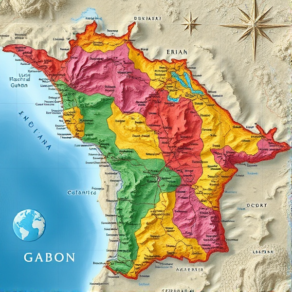 Carte détaillée et colorée du Gabon avec villes, frontières, cours d'eau et reliefs visibles