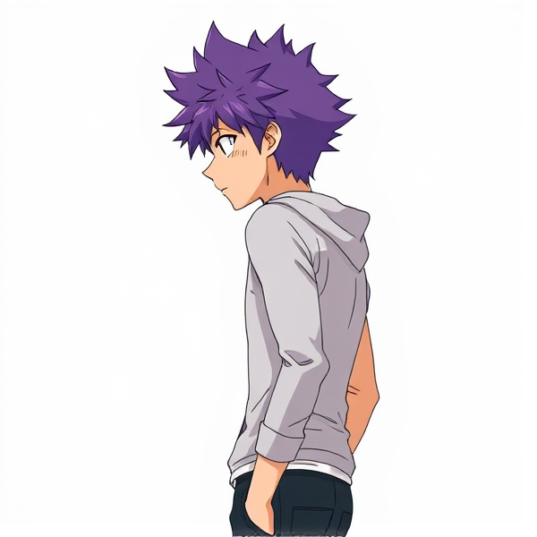 My hero academia oc. Purple fluffy hair. Male. Side view down to waist.