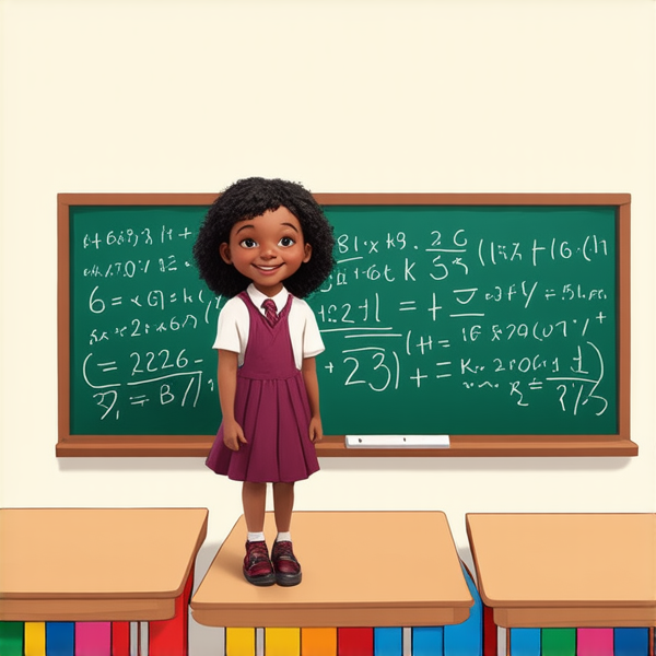jeune fille noire de 10 ans, vêtue d'un uniforme scolaire, debout souriante et concentrée devant un tableau noir rempli d'équations mathématiques dans une salle de classe ensoleillée et colorée avec des bureaux en bois et des affiches éducatives sur les murs