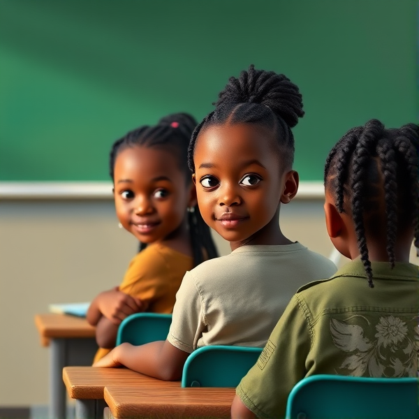 des filles noires de huit ans avec des tresses africaine et des garçons assis dans une classe face au tableau vert