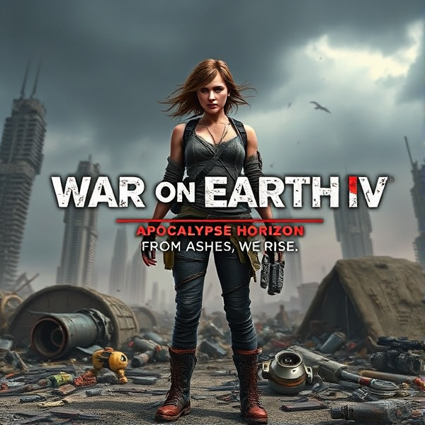 A desolate, post-apocalyptic landscape is depicted, with ruined skyscrapers and a dark, stormy sky overhead. The central figure, Raya Asher, stands amidst the rubble, her tattered clothing blowing in the wind, holding a piece of advanced tech in one hand. Her expression is determined yet weary, hinting at the game's themes of survival and resilience. Scattered around her are relics of past wars: broken robots, discarded weapons, and makeshift shelters. The title "War on Earth IV: Apocalypse Horizon" appears in rugged, distressed lettering, with the tagline "From Ashes, We Rise."