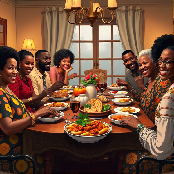 A lively African American big family gathering around a richly adorned dinner table, sharing a traditional soul food meal with dishes such as fried chicken, collard greens, macaroni and cheese, cornbread, and sweet potato pie, all set in a warm and inviting dining room filled with laughter and storytelling