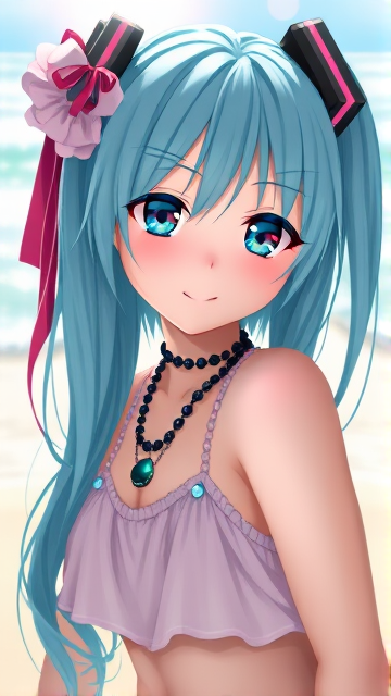 Hatsune miku at the beach, even less revealing and less sexy, emphasis on anime style