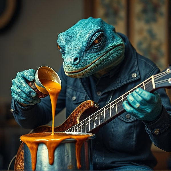 Cool old lizard blues singer with blue skin,
 Pouring Gravy from a pot