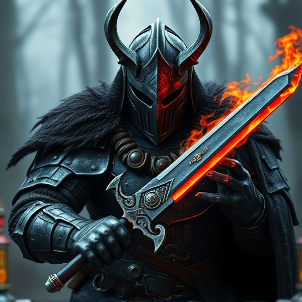 Elden ring character with godrick knight helmet and a medieval chest plate wielding the hook claws weapon and blood flame blade is activated on them