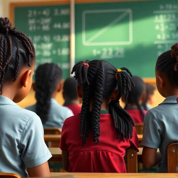 des filles noires de huit ans avec des tresses africaine et des garçons assis dans une classe face au tableau vert sur lequel il y a des calculs mathématiques