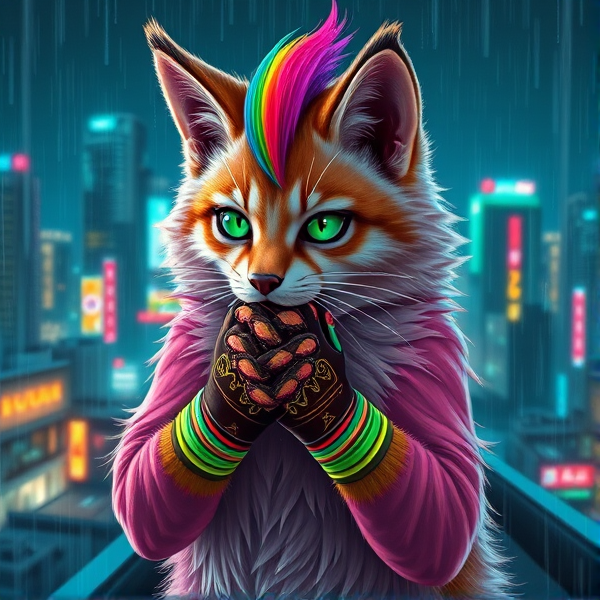 Unique fursona cat dog fox wolf pink and brown furry with scenecore gloves and rainbow hair tuft, brightly coloured bracelets over the hands. Green paw pads